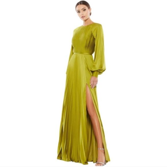 Mac Duggal Size 10 Chartreuse Green Pleated Long Blouson Sleeve Maxi Dress Gown - Picture 3 of 10